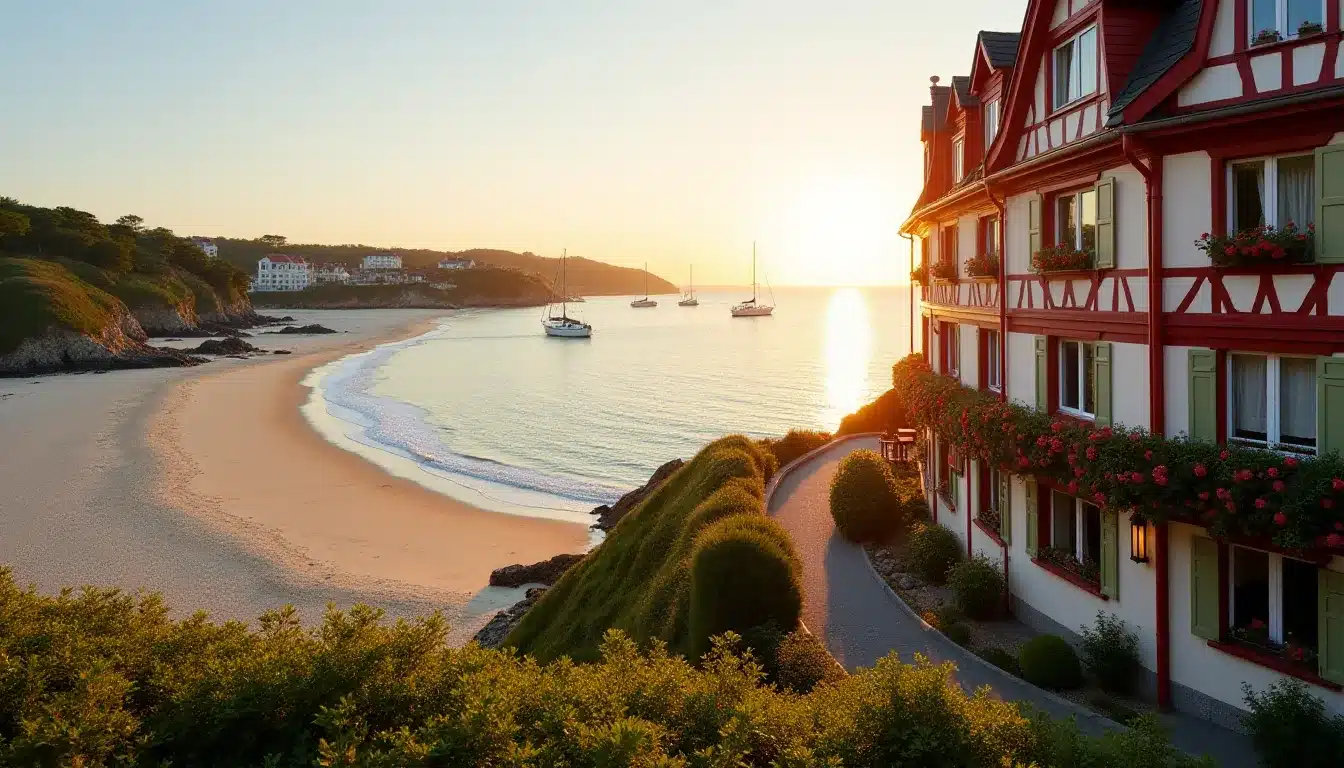 Vue panoramique sur la baie de Saint-Jean-de-Luz avec une façade d'hôtel basque traditionnelle en rouge et vert, illustration typique de l'offre hôtel saint jean de luz face à la mer.