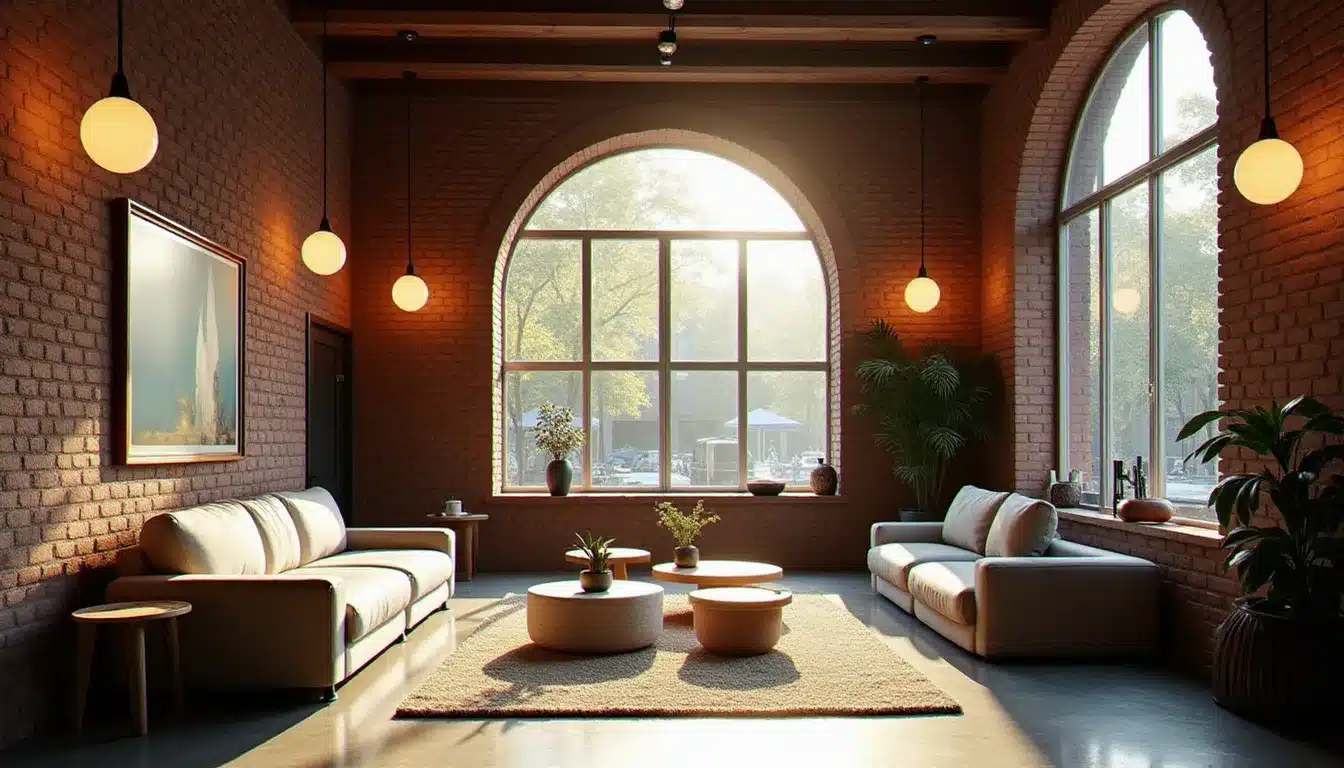 Hall lumineux d'un amsterdam dutch design hotel avec mobilier signé, murs en brique apparente et luminaires en verre soufflé, baigné de lumière naturelle venant d'une fenêtre donnant sur un canal