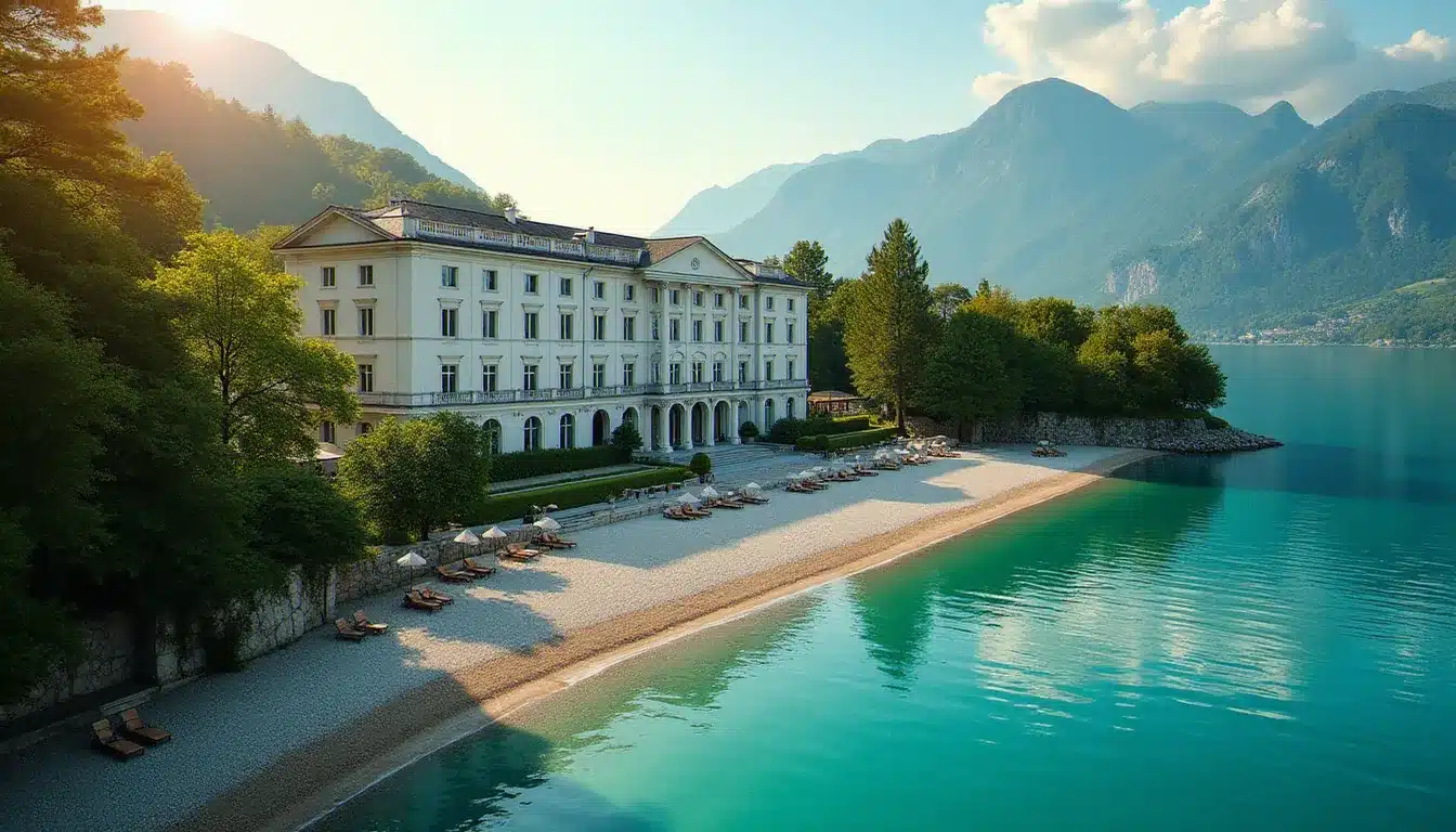 Vue aérienne d'un hôtel 5 étoiles à Annecy avec façade classique en bord de lac, plage privée et reflets des Alpes sur l'eau turquoise