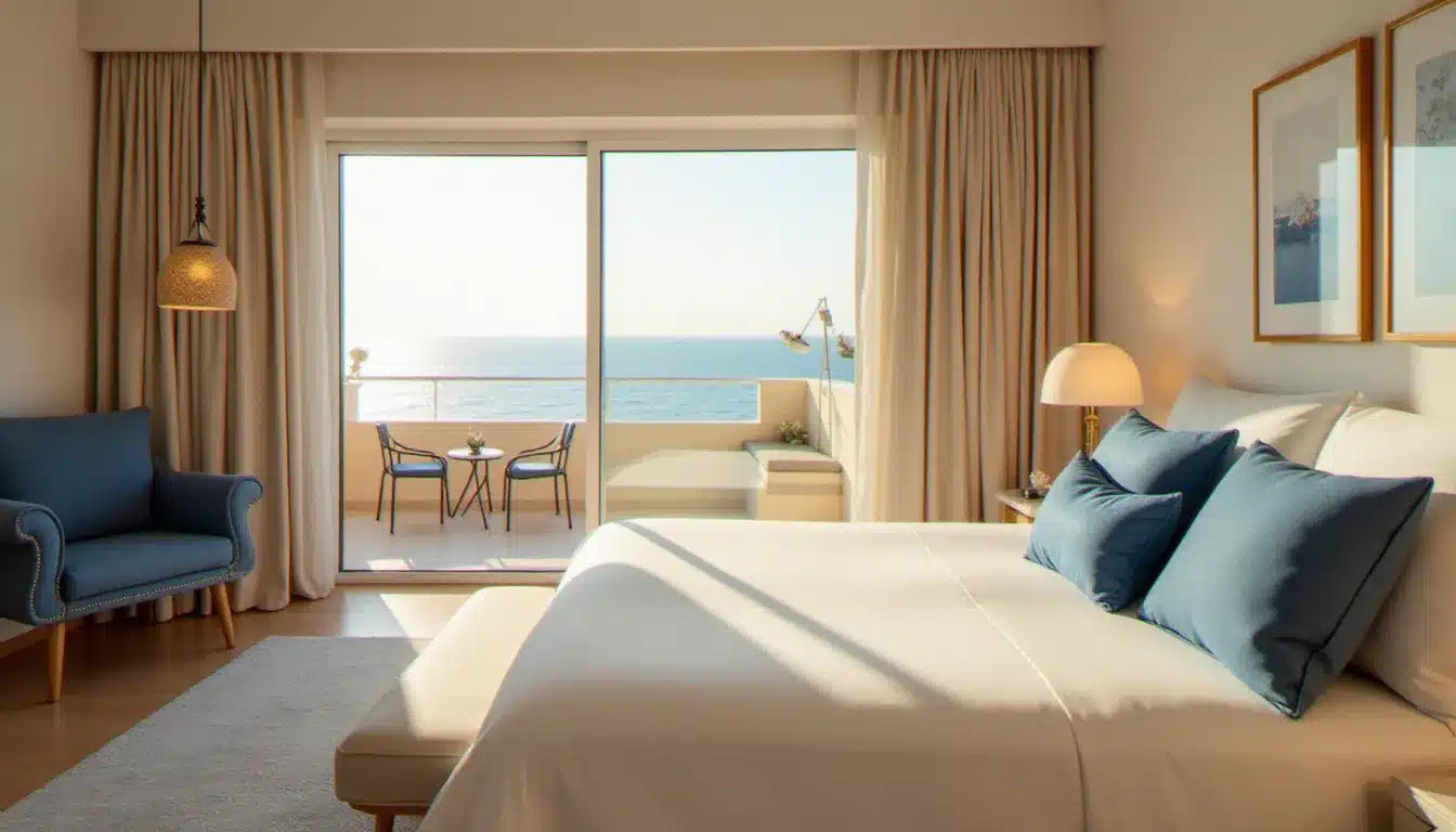 Chambre supérieure vue mer de l'Hôtel Menara Hammamet avec balcon privé, literie blanche et lumière méditerranéenne du matin