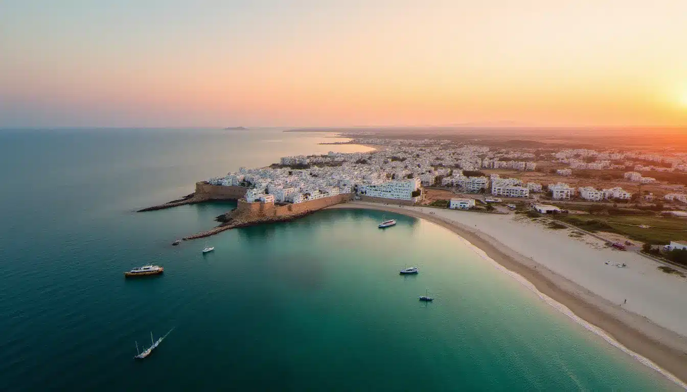 Vue aérienne de la baie de Hammamet en Tunisie au coucher de soleil, avec la médina historique sur promontoire et la plage de sable fin longeant le golfe