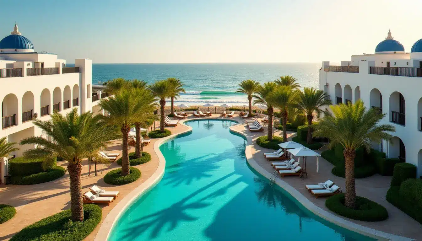 Vue extérieure de l'Hôtel Menara Hammamet avec piscine à débordement, architecture arabo-andalouse blanche et accès direct à la plage méditerranéenne