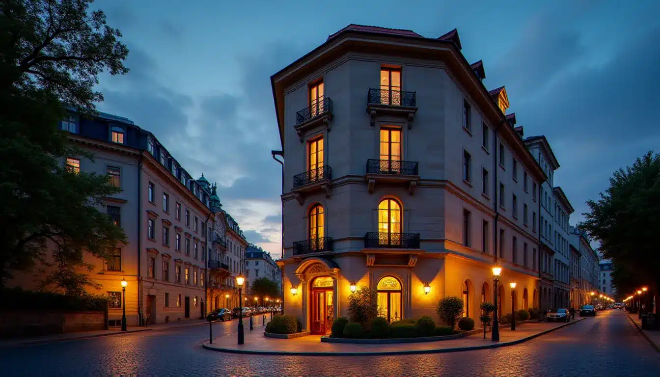 Façade du Budapest Hotel Zara au crépuscule dans le 5e arrondissement, éclairage chaud et architecture historique de Budapest en arrière-plan