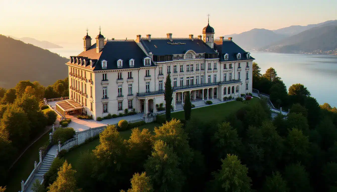 Façade du Dolder Grand Hotel Zurich Switzerland au coucher du soleil avec vue panoramique sur le lac de Zurich et les Alpes