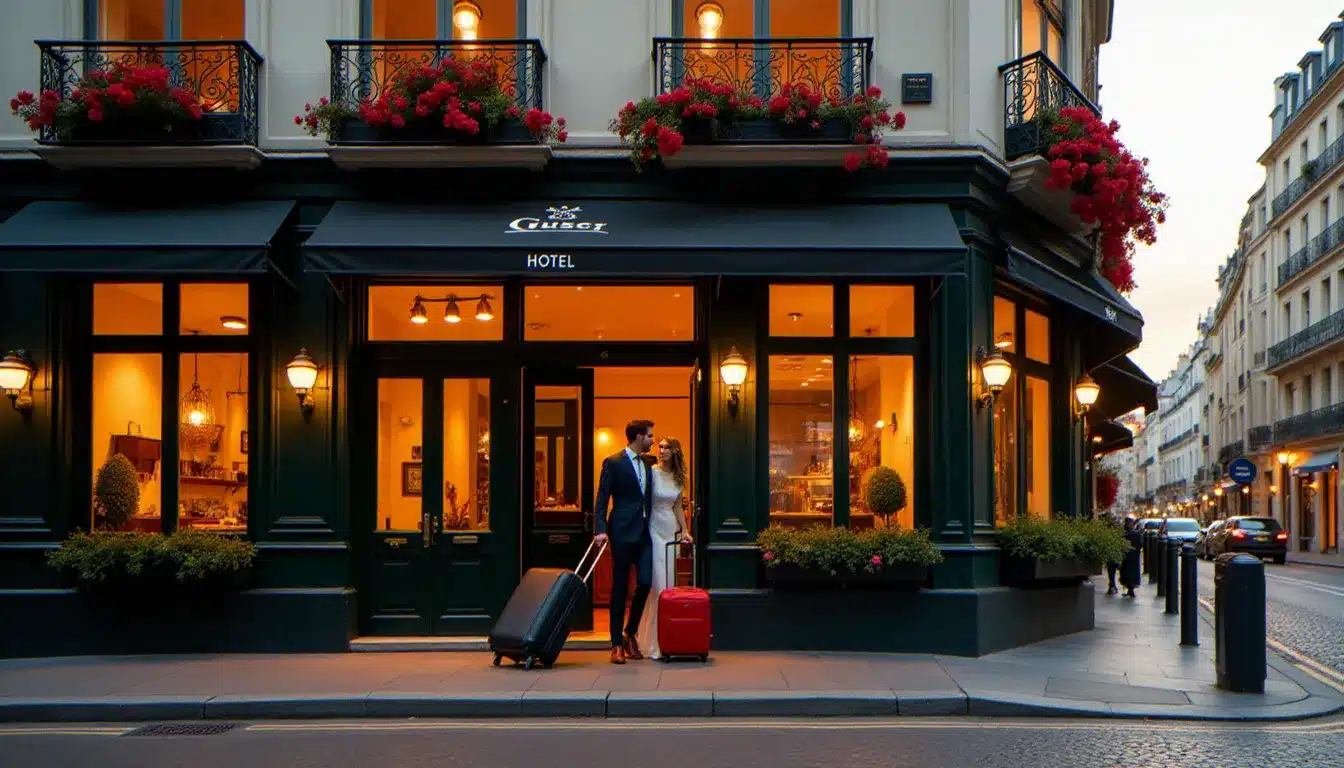 Façade d'un hôtel de charme dans le 6ème arrondissement de Paris au coucher du soleil, avec des balcons haussmanniens fleuris et un couple à l'entrée
