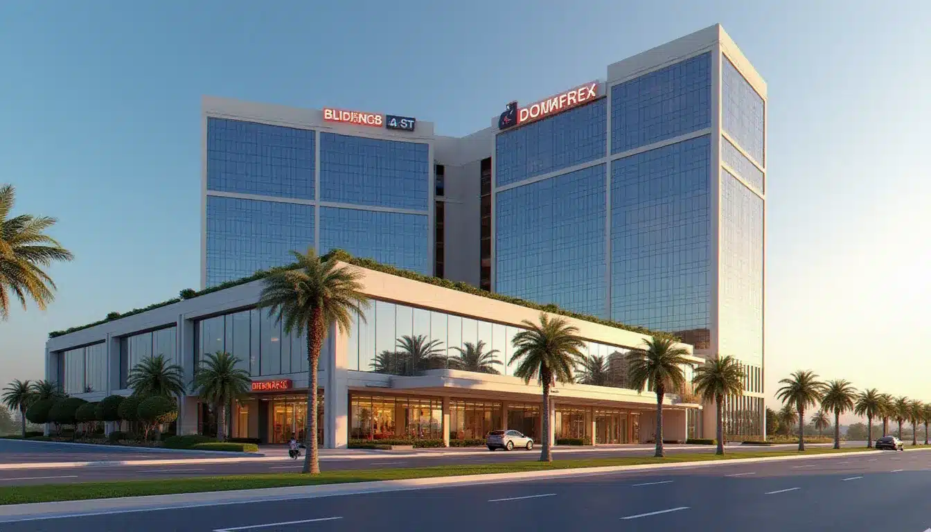 Vue extérieure de l'hotel Al Khoory Atrium Dubai sous un ciel bleu de la péninsule arabique, architecture moderne avec façade vitrée et palmiers en avant-plan