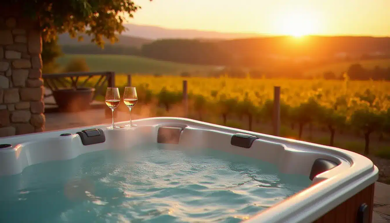 Jacuzzi privatif extérieur d'un hôtel avec spa privatif en Bourgogne, entouré de rangées de vignes dorées au coucher du soleil