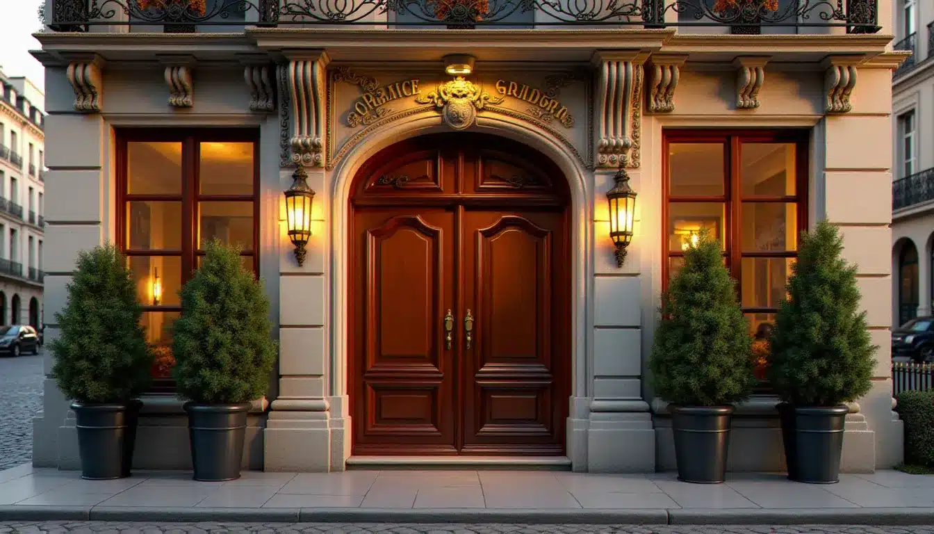 Façade d'un hôtel français classique avec inscription dorée au-dessus de l'entrée, illustration de l'orthographe correcte du mot hôtel avec accent circonflexe