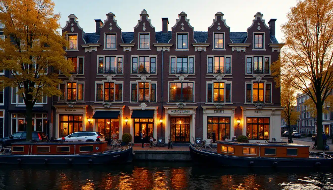 Façade de l'Hotel Estherea Amsterdam Netherlands vue depuis le Singel, maisons à pignons néerlandaises du XVIIe siècle illuminées au coucher du soleil