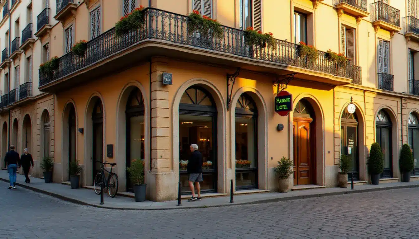 Façade d'un hotel la belle ville en centre-ville français, architecture en pierre calcaire avec balcons fleuris, photographiée au coucher du soleil sur une rue pavée