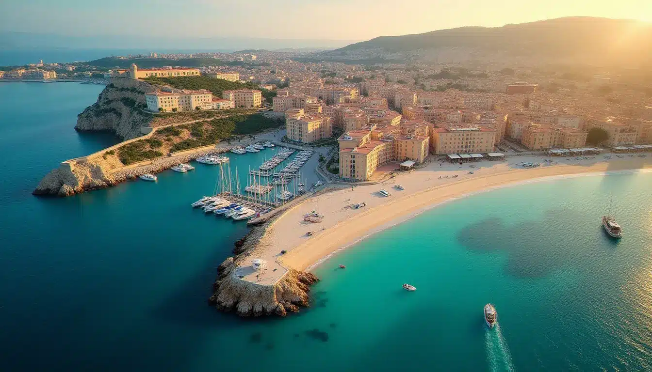 Vue aérienne de la plage et du port de plaisance de La Pointe Rouge à Marseille, avec ses eaux turquoise et ses voiliers amarrés, secteur idéal pour un hotel La Pointe Rouge Marseille