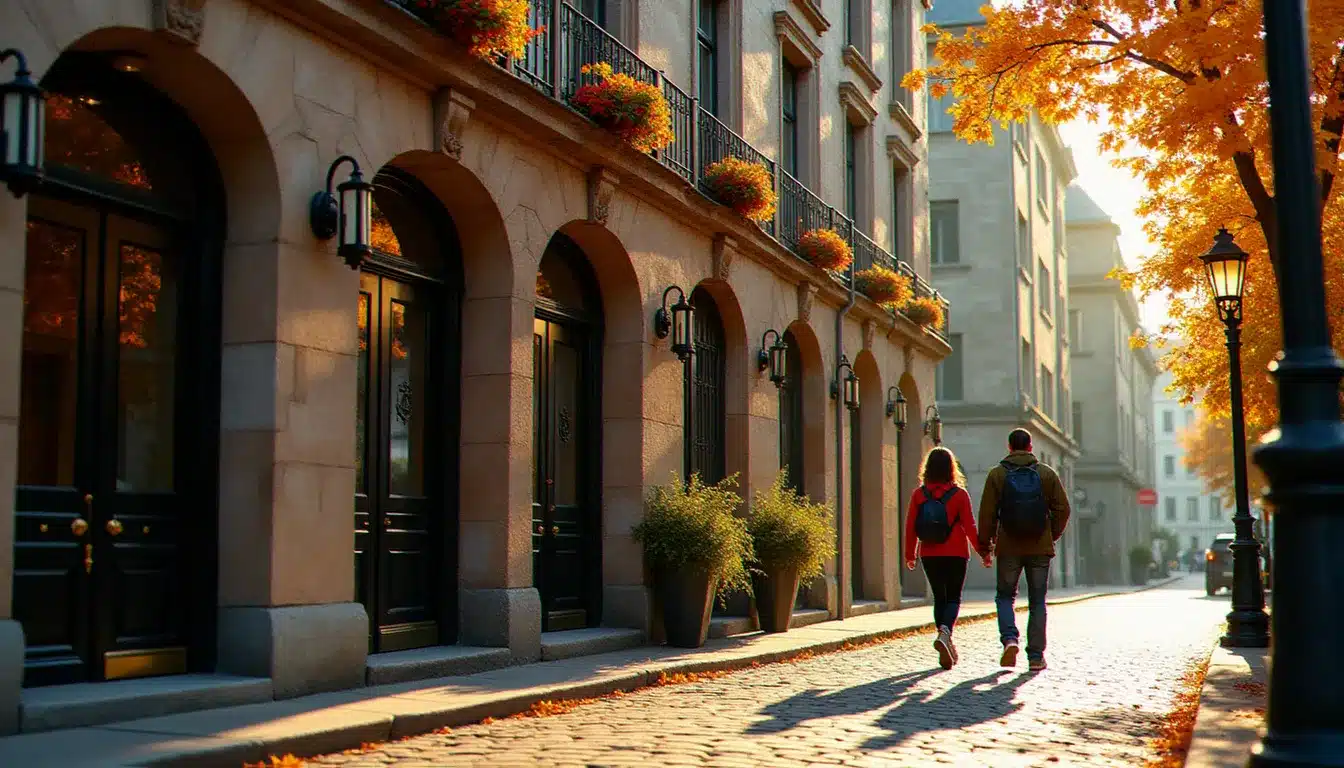 Façade en pierre de l'hôtel Le Port Royal Québec sur la rue Saint-Pierre dans la Basse-Ville du Vieux-Québec, avec des pavés et une architecture coloniale française caractéristique
