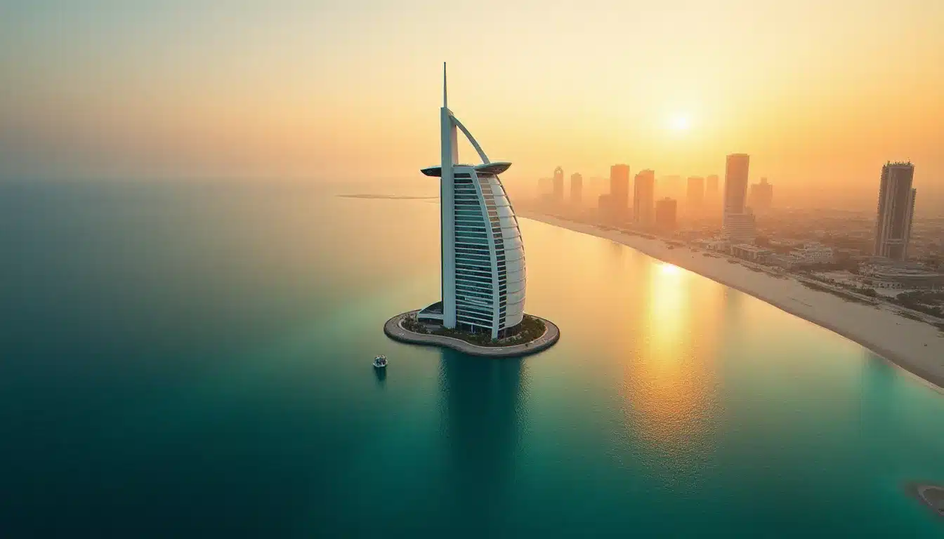 Vue aérienne des hôtels de luxe à Dubai au coucher du soleil, avec le Burj Al Arab sur son île artificielle et le golfe Persique en arrière-plan
