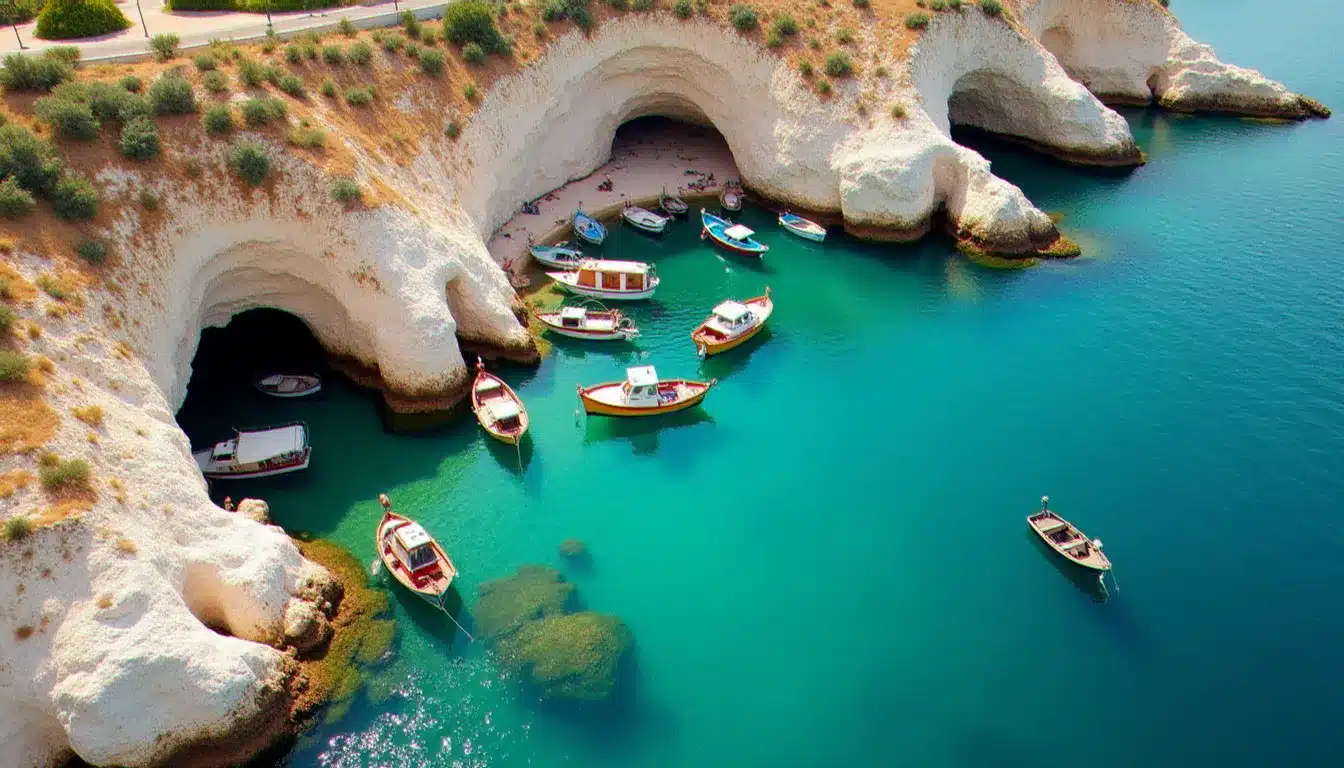 Vue aérienne du port des Goudes à Marseille avec ses barques de pêche colorées et les eaux turquoise de la Méditerranée, destination recherchée pour un hôtel marseille les goudes