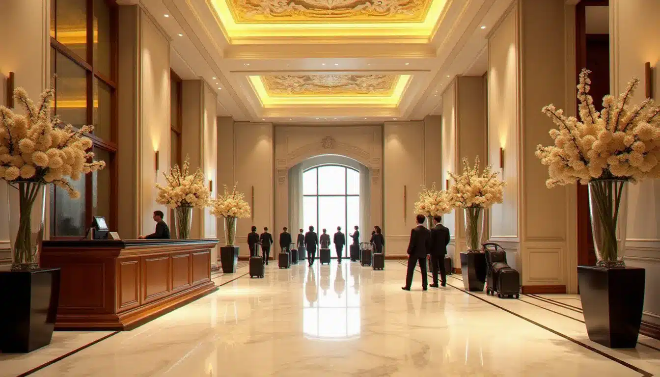 Hall d'entrée d'un grand hôtel de luxe classé parmi les meilleurs au monde, avec sol en marbre, fleurs monumentales et personnel en uniforme à la réception