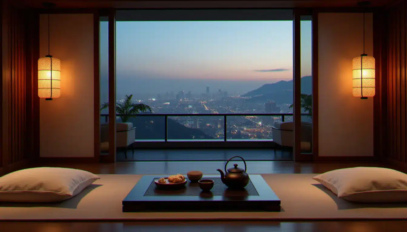 Terrasse privée d'une suite d'hôtel de luxe au style japonais épuré avec cérémonie du thé, donnant sur une skyline urbaine au crépuscule — illustration du slow luxury dans les meilleurs hôtels du monde