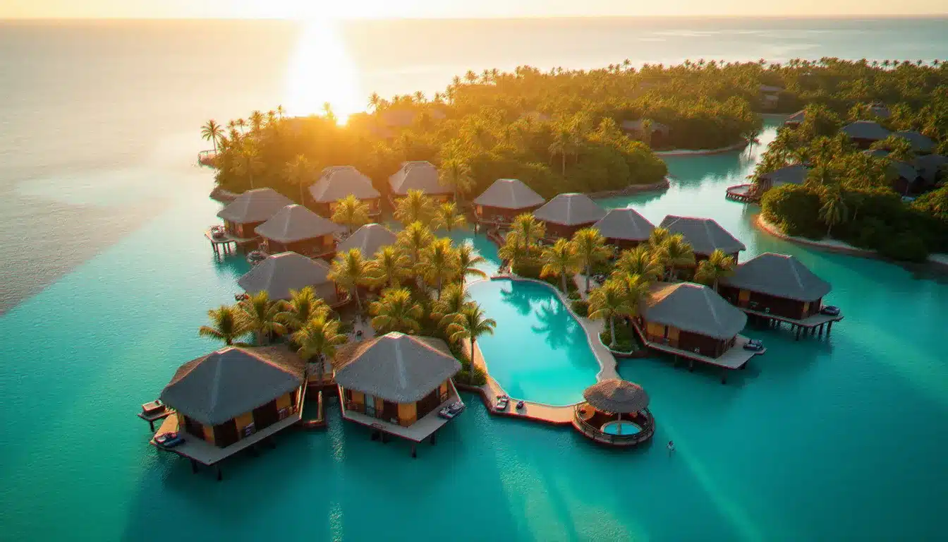 Vue aérienne d'un hôtel meilleur au monde sur île privée tropicale, avec villas sur pilotis, lagon turquoise et piscine à débordement au coucher du soleil