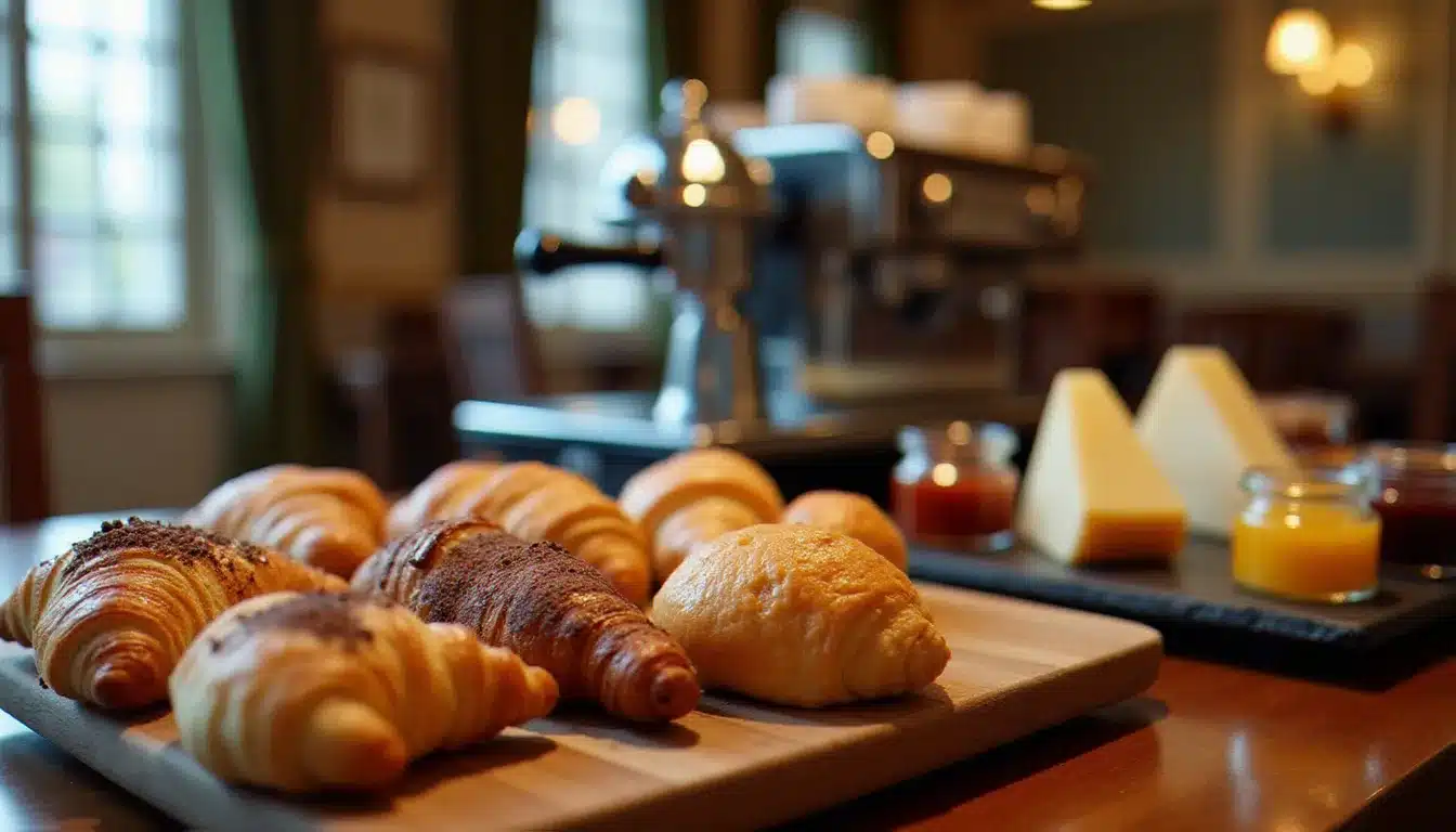 Buffet de petit déjeuner hôtelier à Paris avec viennoiseries artisanales, fromages régionaux et confitures maison disposés sur une table en bois, machine à expresso professionnelle en arrière-plan.