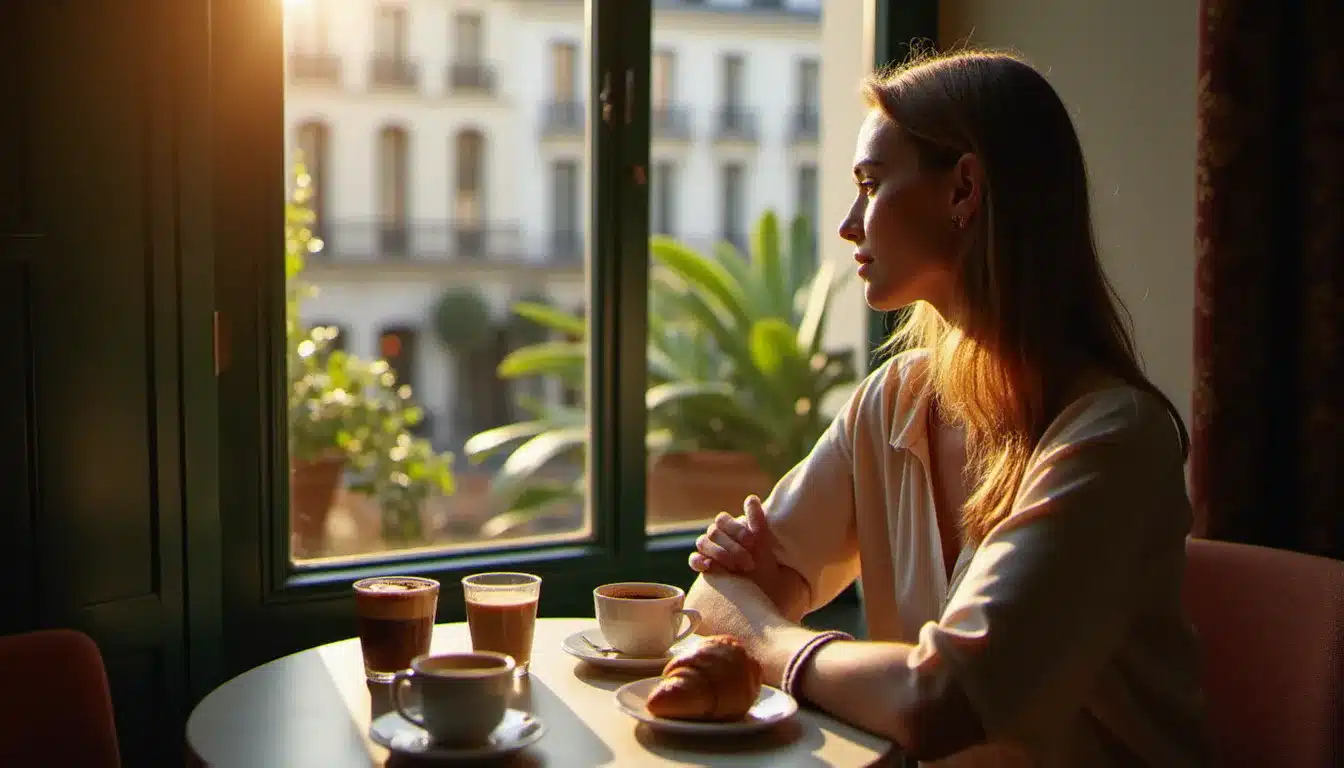 Voyageuse dégustant un café et un croissant à la table d'un hôtel parisien, vue sur une cour haussmannienne ensoleillée — ambiance petit déjeuner à Paris.