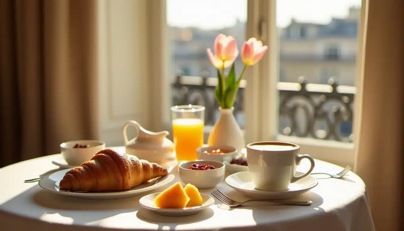 Table de petit déjeuner dans un hôtel parisien avec croissants frais, café français et jus d'orange pressé, éclairée par la lumière matinale — meilleur petit déjeuner hotel Paris.