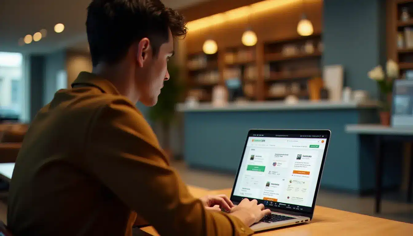 Voyageur comparant des offres d'hotel au meilleur prix sur un ordinateur portable dans le hall lumineux d'un hôtel moderne