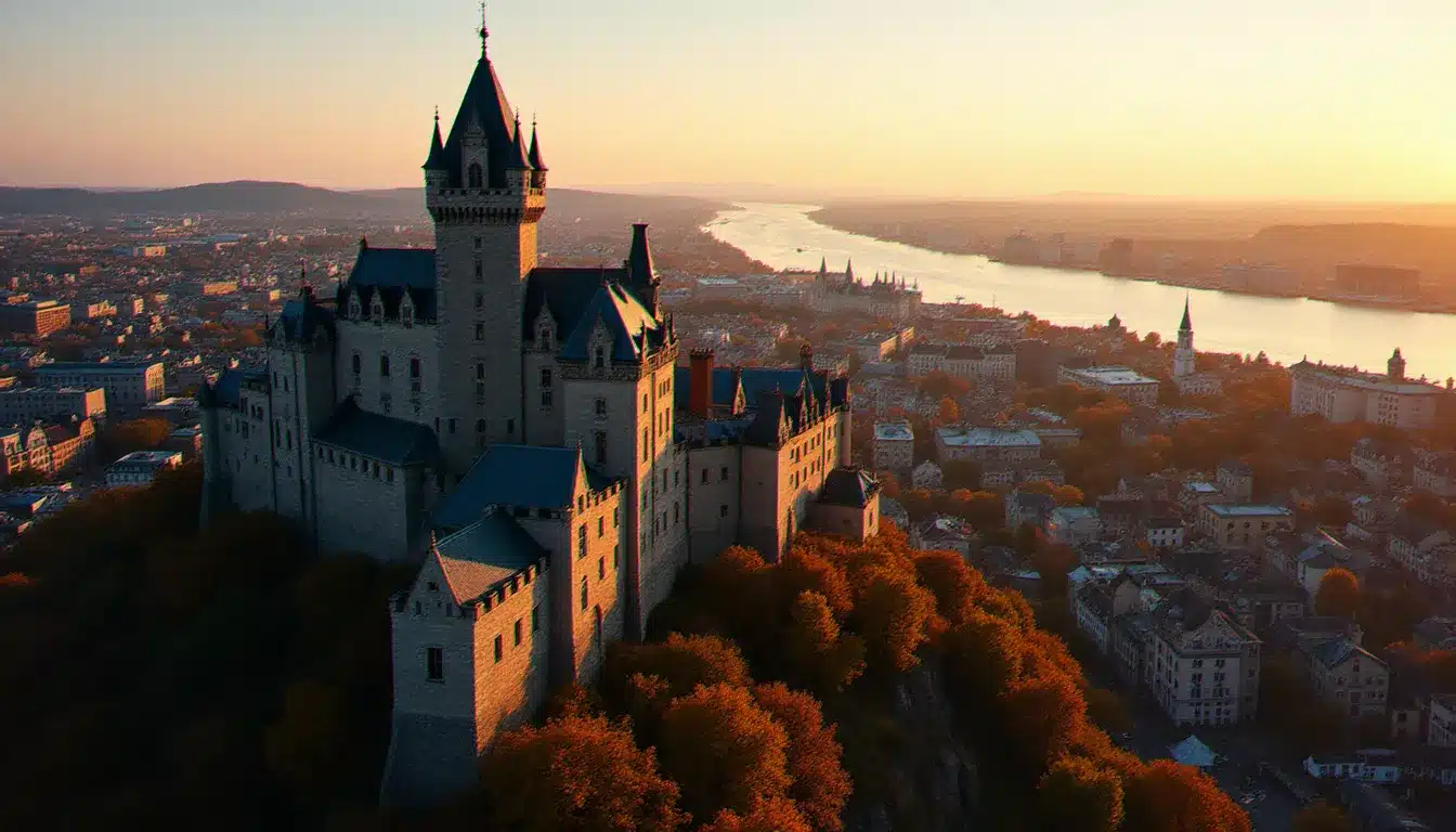 Vue aérienne du Vieux-Québec au coucher de soleil avec le Château Frontenac, illustrant la recherche d'un hôtel au meilleur prix à Québec dans le quartier historique classé