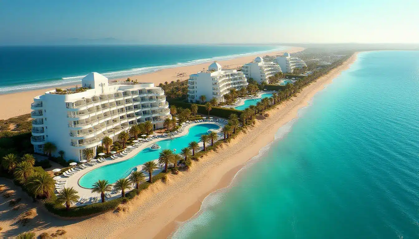 Vue aérienne d'un grand hôtel resort blanc au bord de la mer en Tunisie avec piscine extérieure et plage de sable, illustration des options d'hôtel meilleur prix en Tunisie