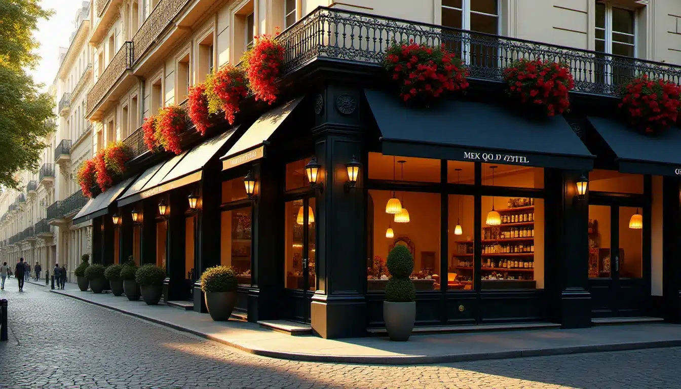 Façade d'un hôtel parisien typique avec balcons en fer forgé et fleurs, représentant le meilleur rapport qualité-prix à Paris