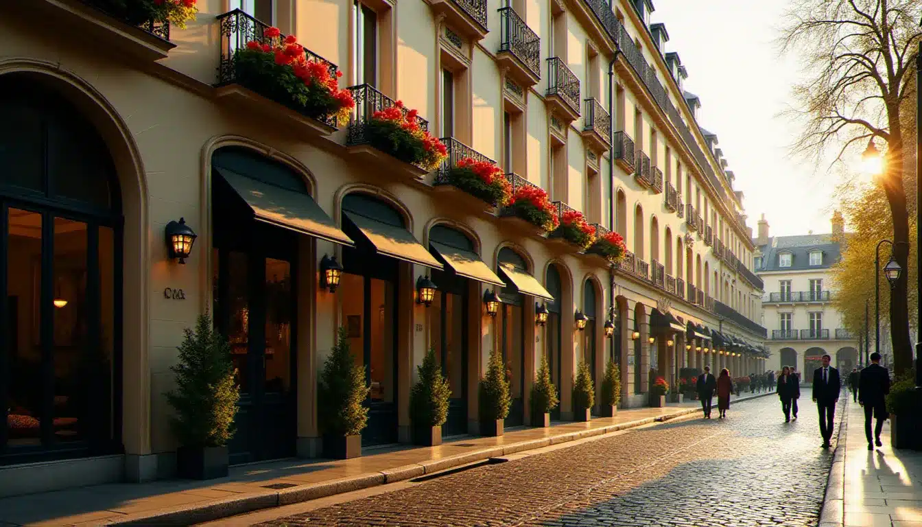Façade d'un hôtel paris 6ème de style haussmannien à Saint-Germain-des-Prés baignée de lumière matinale dorée