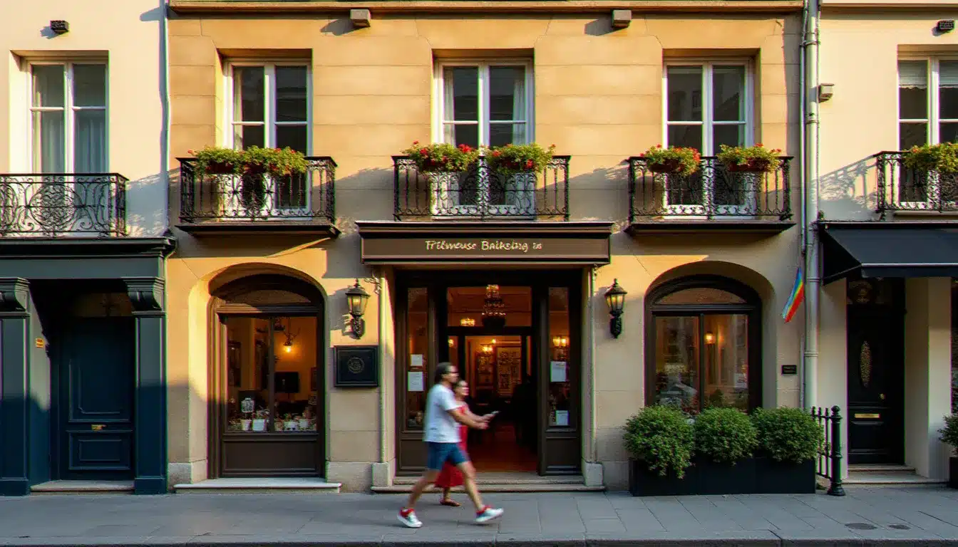 Façade d'un hotel paris gay-friendly dans le quartier du Marais au petit matin, avec balcons en fer forgé fleuris et entrée accueillante