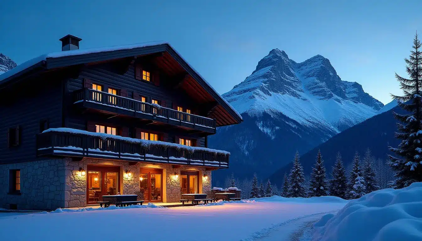 Hôtel de montagne en pierre dans les Pyrénées avec le Pic du Midi enneigé visible en arrière-plan au crépuscule, lumière chaude des fenêtres