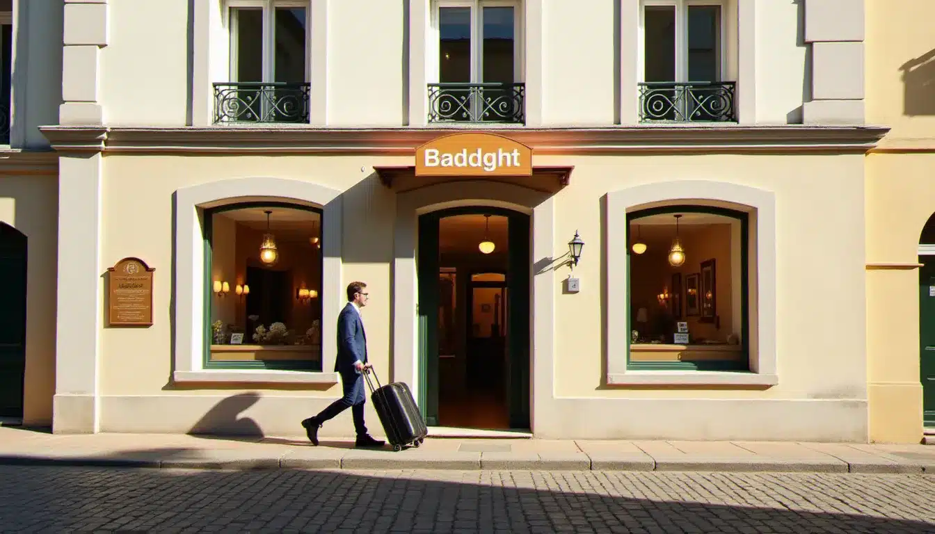 Façade propre et accueillante d'un hotel prix bas dans une ville française, voyageur entrant avec une valise sous la lumière de fin d'après-midi