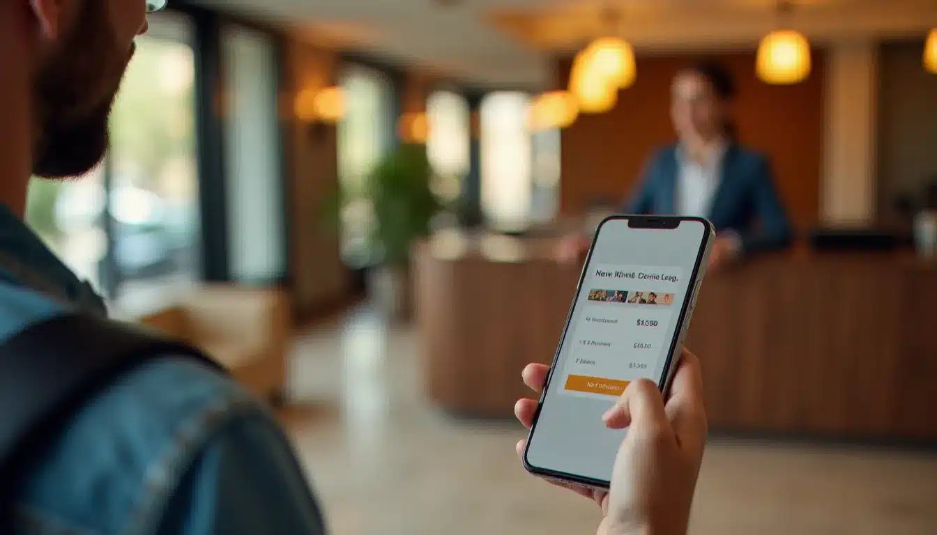 Voyageur consultant son téléphone avec une offre d'hôtel prix cassé dernière minute dans un lobby d'hôtel moderne