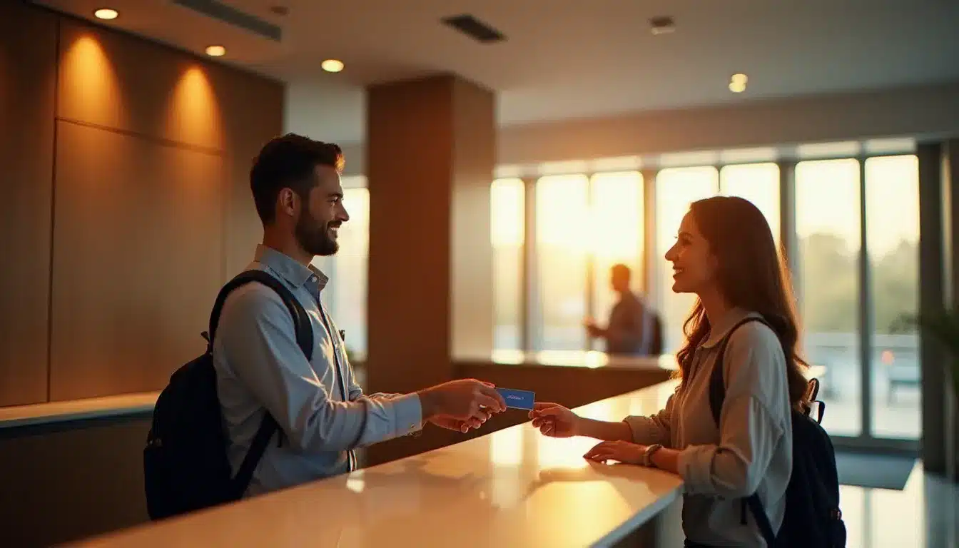 Un voyageur souriant à la réception d'un hôtel moderne, illustrant la réservation d'un hôtel prix cassé de qualité en France