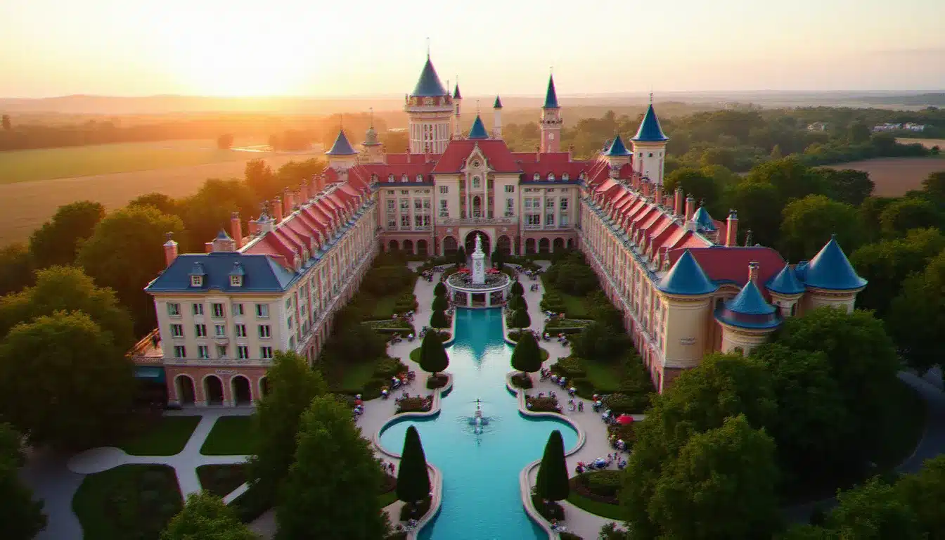 Vue aérienne d'un hôtel thématique aux abords de Disneyland Paris illustrant les différentes options d'hébergement et leurs prix selon la saison