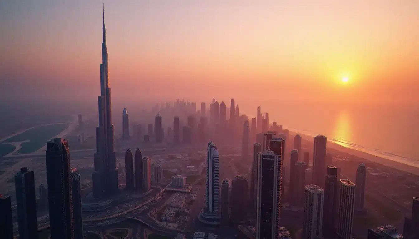 Vue aérienne de la skyline de Dubai au coucher du soleil avec les hôtels de luxe en bord de mer, illustrant la diversité des hotel prix Dubai selon les quartiers