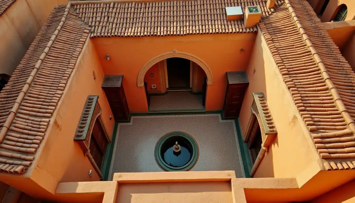 Vue aérienne d'un riad traditionnel dans la médina de Marrakech illustrant les hôtels prix Marrakech avec toits en terrasse et cours intérieures
