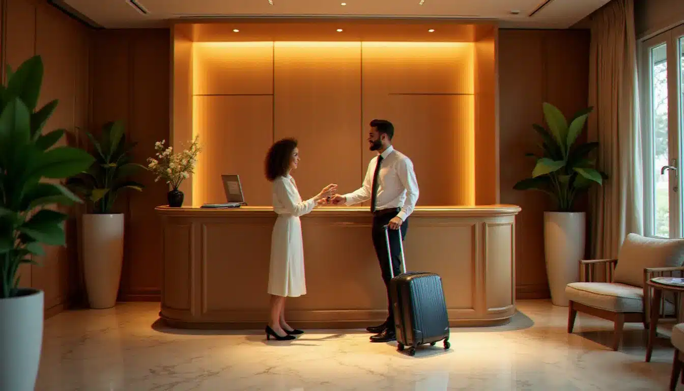 Réception d'un hôtel boutique français avec un voyageur recevant les clés de sa chambre, illustrant la notion d'hotel prix nuit et le choix d'établissement