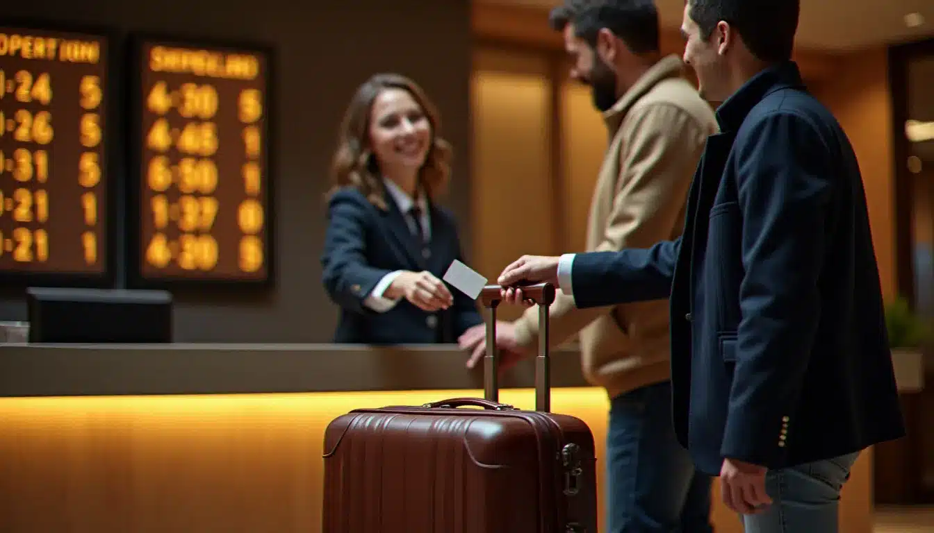 Couple à la réception d'un hôtel trois étoiles recevant leur clé de chambre, avec un tableau de tarifs par chambre visible en arrière-plan, illustrant la question du prix par personne ou par chambre
