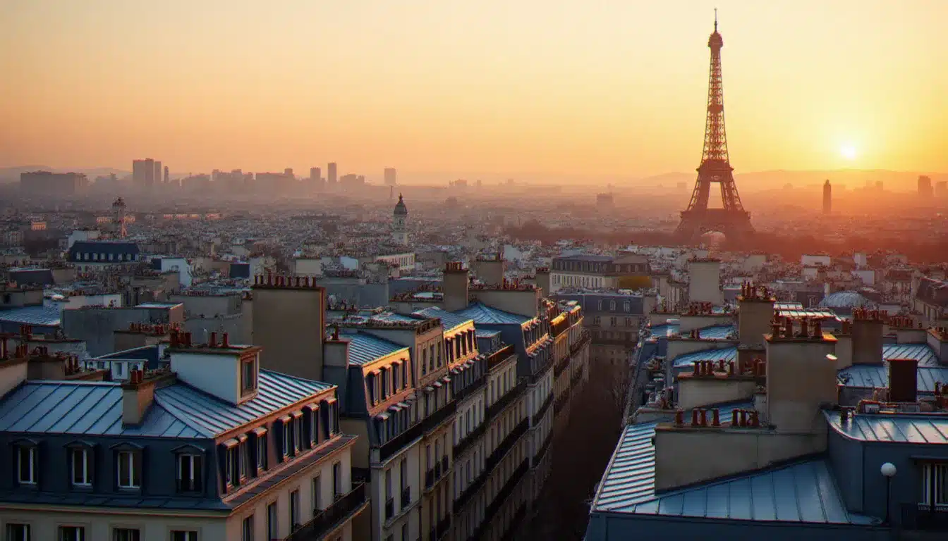 Vue aérienne des toits haussmanniens de Paris au coucher du soleil avec la Tour Eiffel en arrière-plan, illustrant la diversité des hôtels et leurs prix à Paris selon les quartiers