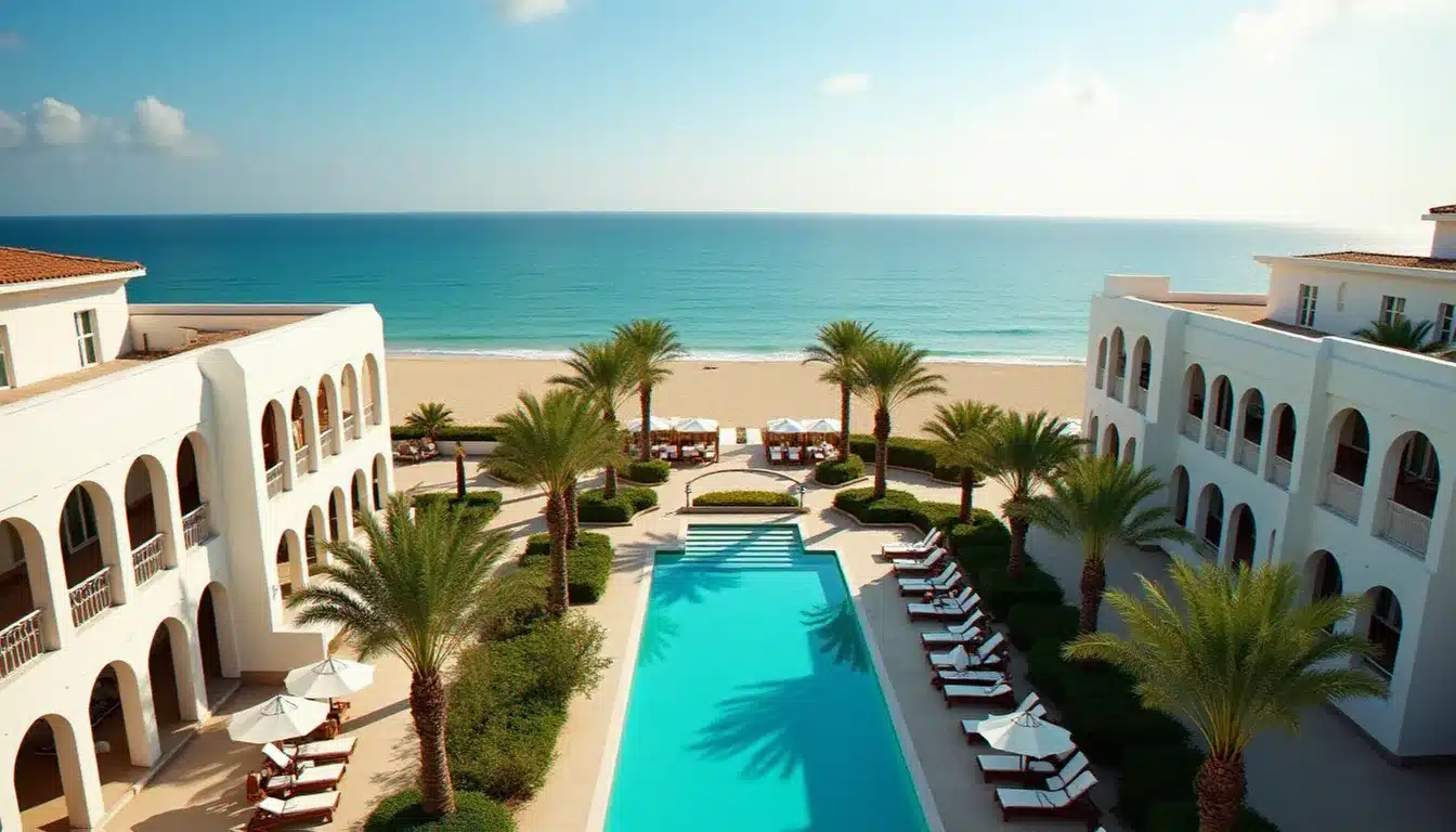 Vue aérienne d'un hôtel resort en bord de mer en Tunisie avec piscine turquoise, illustrant la diversité des hotel prix Tunisie disponibles pour les voyageurs