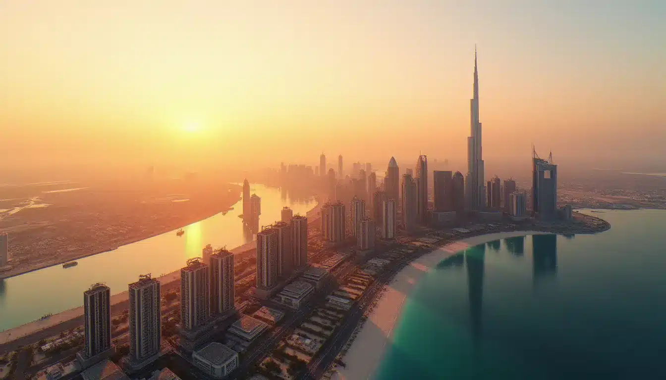 Vue aérienne panoramique des hoteles en dubái et du skyline de la ville au coucher du soleil avec le Burj Khalifa en arrière-plan