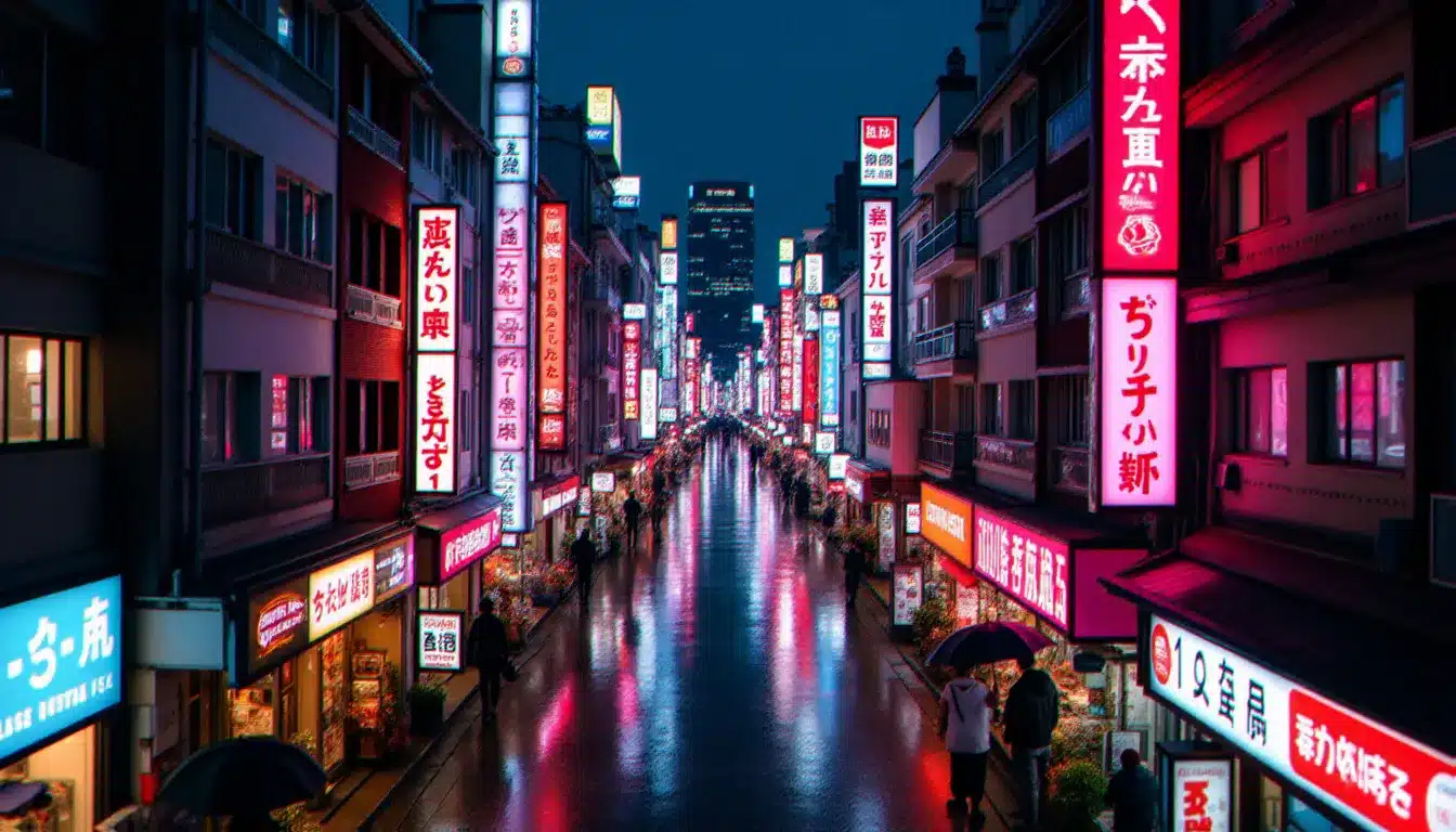 Vue nocturne aérienne du quartier Dogenzaka à Shibuya, Tokyo, avec les enseignes lumineuses colorées du love hotel district se reflétant sur les pavés mouillés
