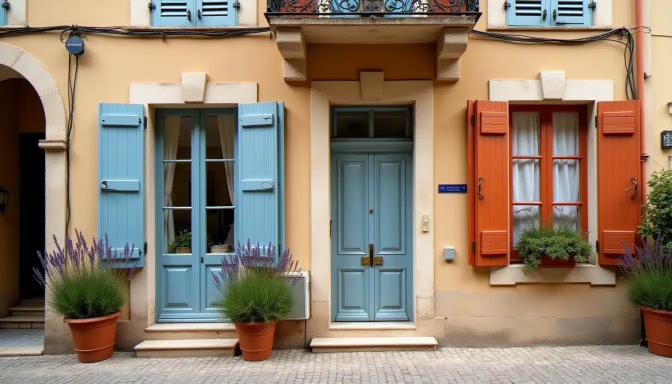 Façade d'un hôtel de charme à Marseille dans le quartier du Panier, avec volets provençaux colorés et ruelle pavée ensoleillée