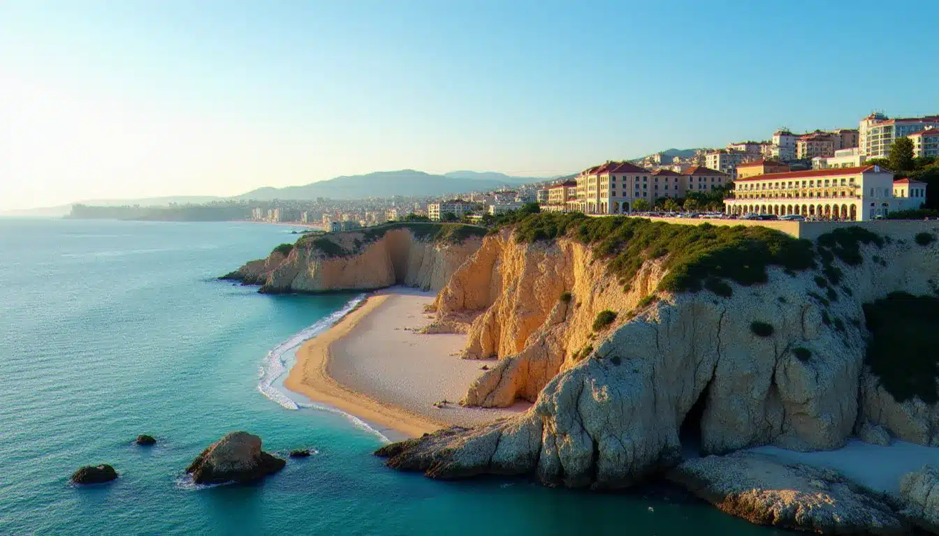 Vue aérienne de la Corniche Kennedy à Marseille avec la plage des Catalans et des hôtels en bord de mer au coucher du soleil