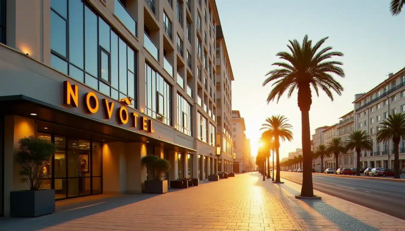 Façade du Novotel Hotel Lisbon sur l'Avenida da Liberdade en fin d'après-midi, avec les palmiers et les lampadaires caractéristiques de l'avenue emblématique de la capitale portugaise