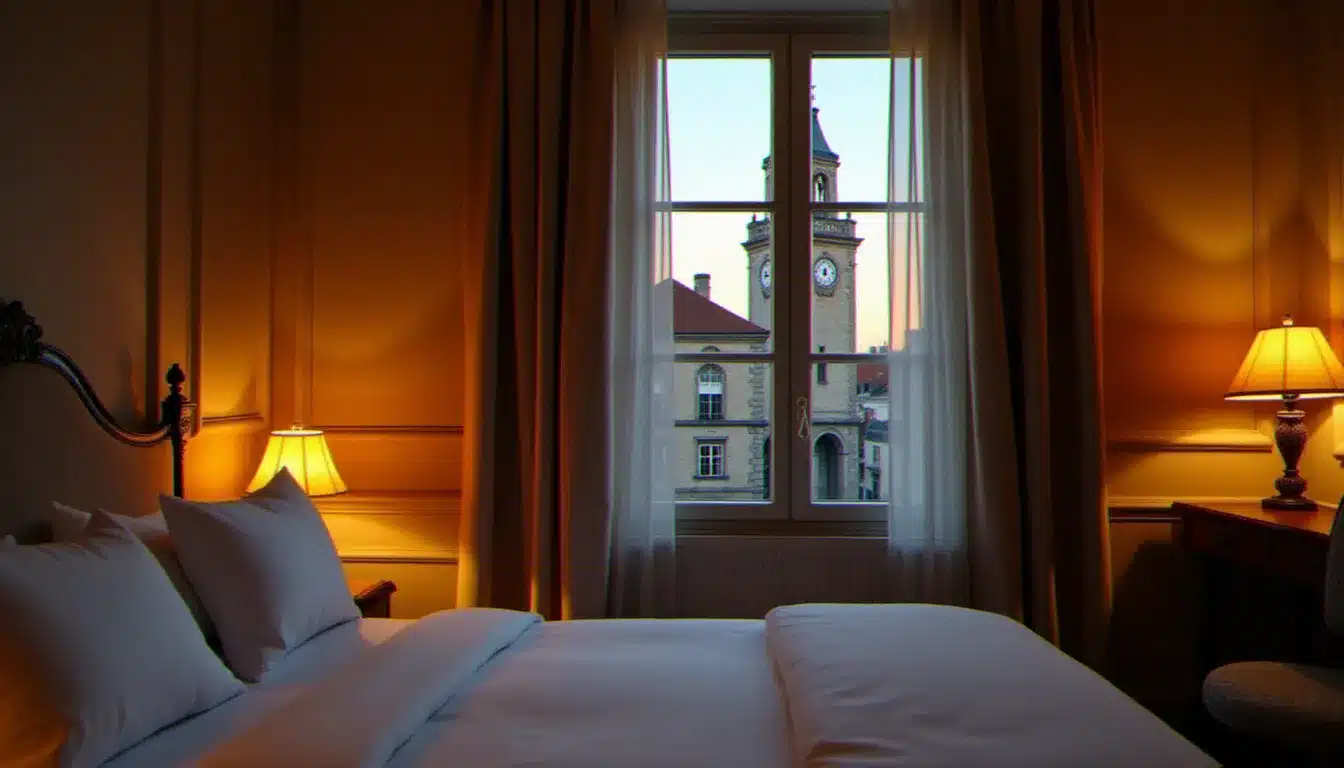 Chambre d'hôtel confortable avec vue sur le clocher d'un hôtel de ville historique français depuis la fenêtre au coucher du soleil