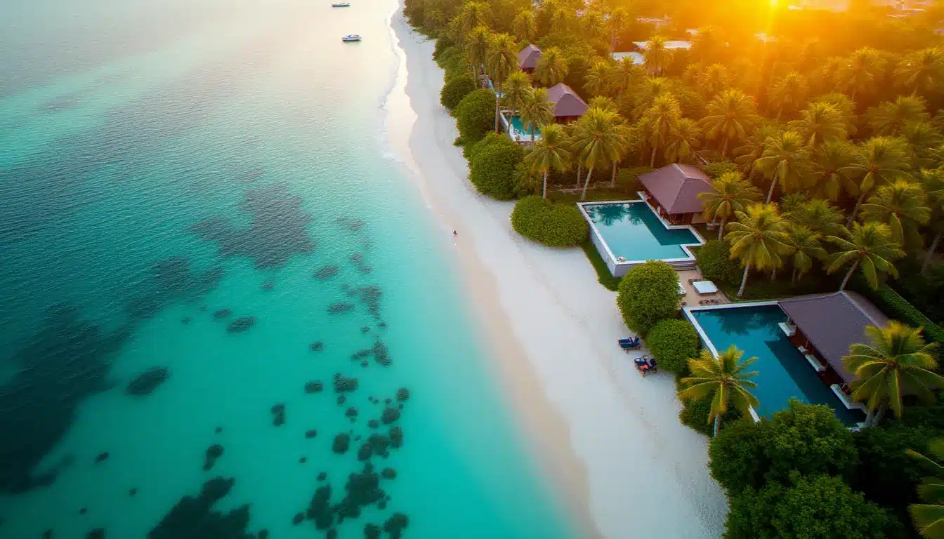 Vue aérienne du Shangri-La Hotel Boracay Island avec plage privée de sable blanc, villas dans un jardin tropical et mer turquoise au coucher du soleil