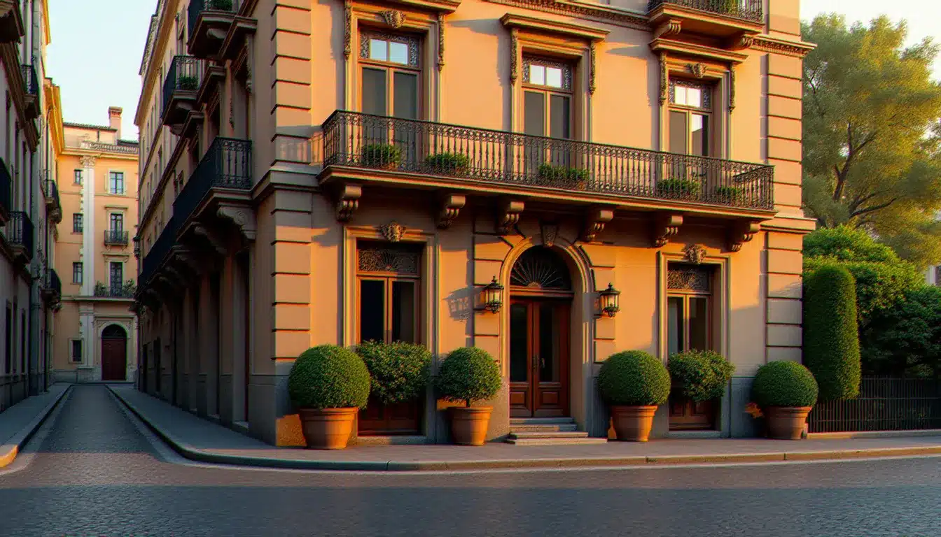 Façade élégante du Sofitel Villa Borghese Hotel Rome au coucher du soleil, architecture Belle Époque en pierre dorée avec balcons en fer forgé