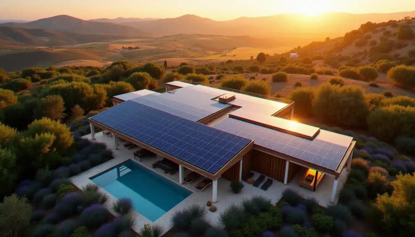 Vue aérienne d'un solar powered hotel avec panneaux solaires couvrant la toiture dans un paysage méditerranéen au coucher du soleil